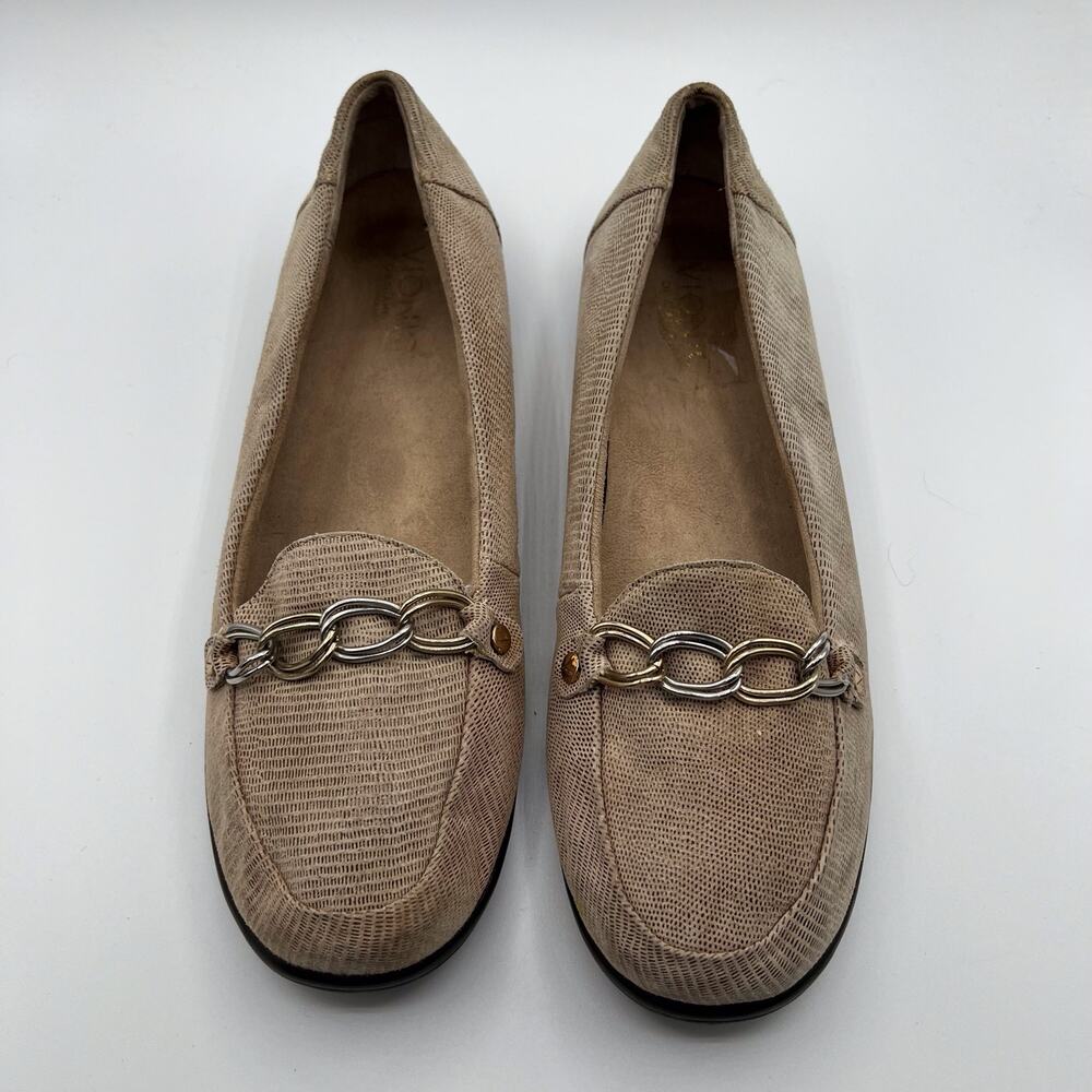 Vionic Orthaheel Alda Womens 10 Beige Saddle Lizard Print Leather Loafers Tan